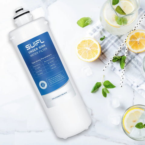 Level Up Your Kitchen Routine With This OCS2 EV961802 Under Sink Water Filter Replacement Cartridge 2 Pack on marble with lemon and mint.