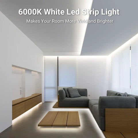 Ultra Bright White LED Strip Light 16.4 Ft 24V Daylight 6000K 6500K Dimmable Tape Light With Dimmer in modern living room
