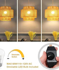 Plug In Pendant Light With Smooth Dimmable Switch And Handwoven Boho Rattan Shade, showcasing dimmable LED bulb and control switch.