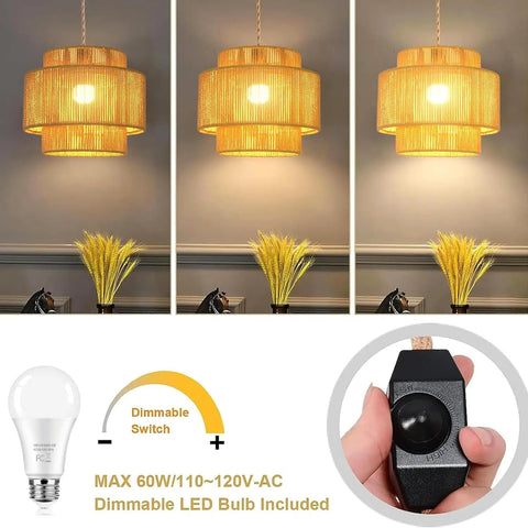 Plug In Pendant Light With Smooth Dimmable Switch And Handwoven Boho Rattan Shade, showcasing dimmable LED bulb and control switch.