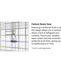 Close-up of padlock-ready hasp on Heavy Duty Chrome Wire Mesh Rolling Security Cage Rock Solid Mobile Storage Locker.