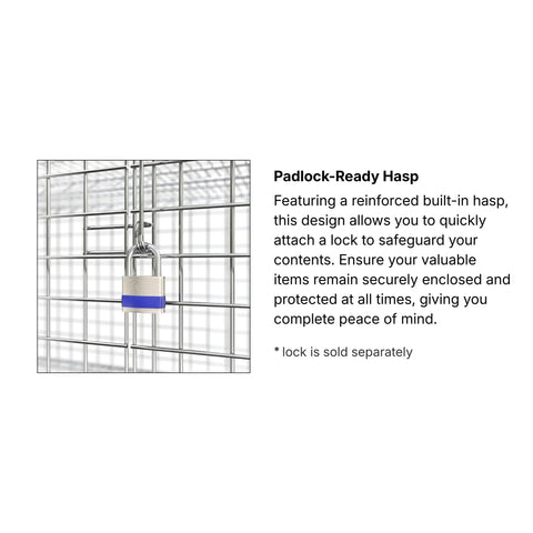 Close-up of padlock-ready hasp on Heavy Duty Chrome Wire Mesh Rolling Security Cage Rock Solid Mobile Storage Locker.