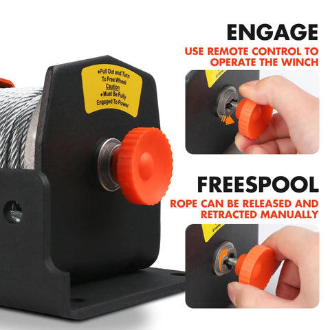 Close-up of 2500 Lb Electric Winch for ATV UTV Boat with 50Ft Steel Cable showing engage and freespool functions.