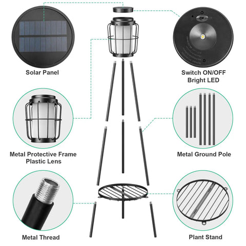 Diagrams showing parts of 2 Pack Solar Floor Lamps With Plant Stands For Outdoors, Waterproof Solar Powered Garden Lights For Patio Deck Porch Yard.