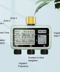 3 Zone Brass Inlet Watering Timer With Rain Delay, Auto And Manual Modes, 3 Outlet Sprinkler Timer showing digital display
