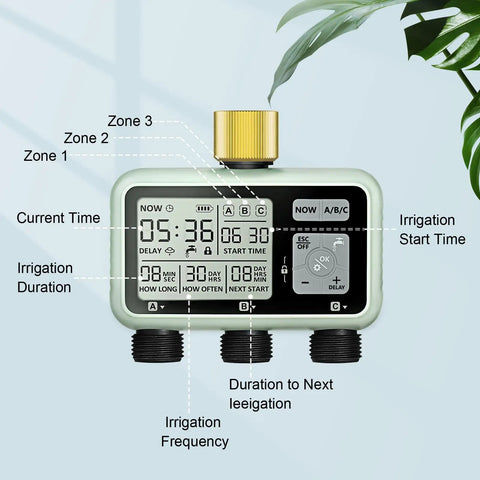 3 Zone Brass Inlet Watering Timer With Rain Delay, Auto And Manual Modes, 3 Outlet Sprinkler Timer showing digital display