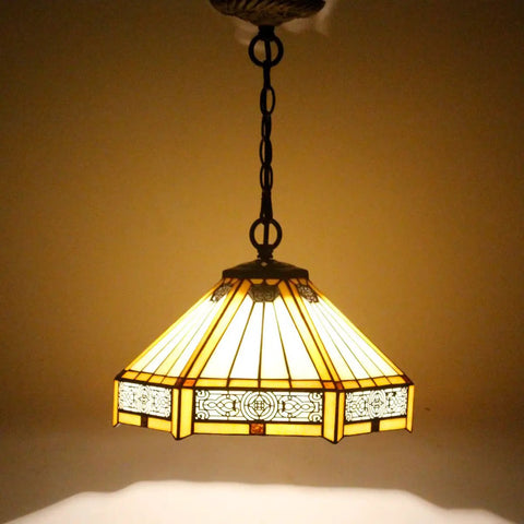 Tiffany Style Yellow Hexagon Pendant Light Fixture With Stained Glass, 12 Inch Wide Shade, antique green bronze base, 24 inch chain