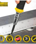 Smooth Operator Automatic Variable Force Center Punch Precision Scribe Tool for job site metal marking on steel ruler.