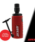 Legit.3 Hp Mini Straight Die Grinder With 25000 Rpm Air Powered Motor And Quiet Exhaust For Heavy Duty Metal Working and Grinding Jobs. Side view of red pneumatic die grinder with black trigger.