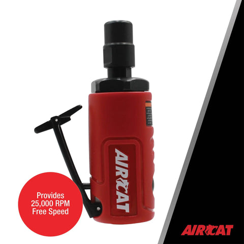 Legit.3 Hp Mini Straight Die Grinder With 25000 Rpm Air Powered Motor And Quiet Exhaust For Heavy Duty Metal Working and Grinding Jobs. Side view of red pneumatic die grinder with black trigger.
