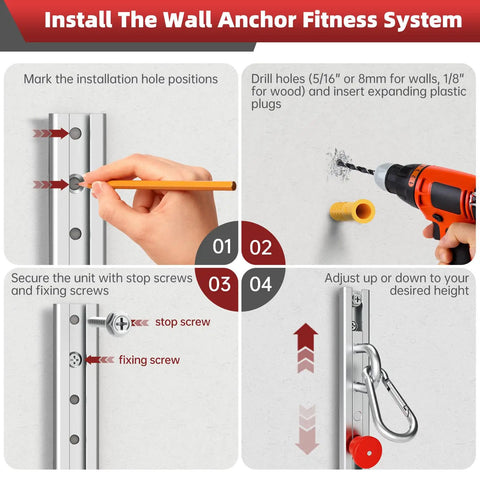 Installation guide for Adjustable Steel Resistance Band Wall Mount System With 40 Inch Vertical Glide and Heavy Duty Wall Anchor Kit.