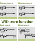 Digital Caliper 0 To 6 Inches Auto Off With Inch Millimeter Conversion For Jewelry Sizing 3D Printing And DIY Projects Precision Measurement Lightweight Plastic Carbon Fiber Body Easy Readout, shown with zero function comparison and indirect tests.