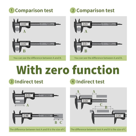 Digital Caliper 0 To 6 Inches Auto Off With Inch Millimeter Conversion For Jewelry Sizing 3D Printing And DIY Projects Precision Measurement Lightweight Plastic Carbon Fiber Body Easy Readout, shown with zero function comparison and indirect tests.
