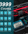 Pocket Size Dope Digital Multimeter With Auto Range For DC And AC Voltage And Current, Resistance, Capacitance, Frequency, Diode And Continuity Testing, Non Contact Voltage Detection, Data Hold, Auto Power Off, Compact Box Style Design showing 3999 counts and features.