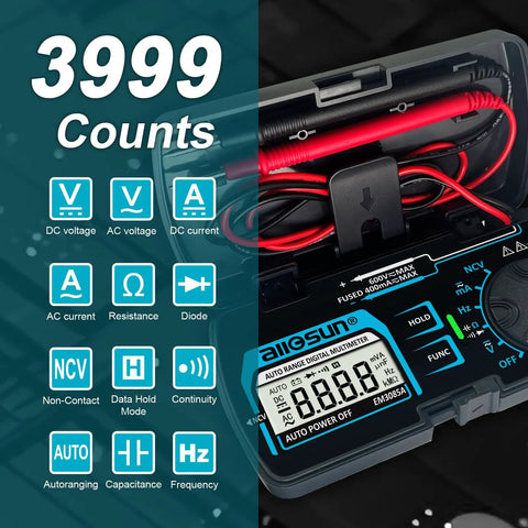 Pocket Size Dope Digital Multimeter With Auto Range For DC And AC Voltage And Current, Resistance, Capacitance, Frequency, Diode And Continuity Testing, Non Contact Voltage Detection, Data Hold, Auto Power Off, Compact Box Style Design showing 3999 counts and features.