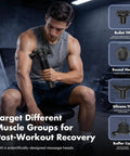 Man using Deep Tissue Massage Gun With Heating For Sore Muscles Handheld Vibration Massager 4 Speeds 3 Heads in gym setting