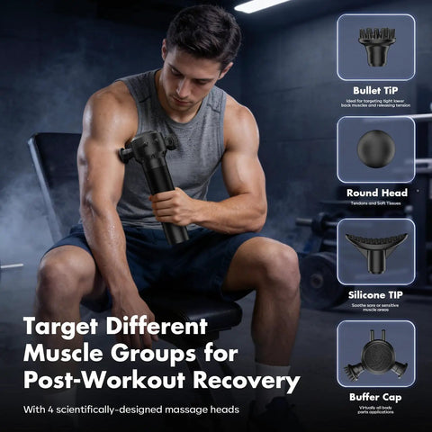 Man using Deep Tissue Massage Gun With Heating For Sore Muscles Handheld Vibration Massager 4 Speeds 3 Heads in gym setting
