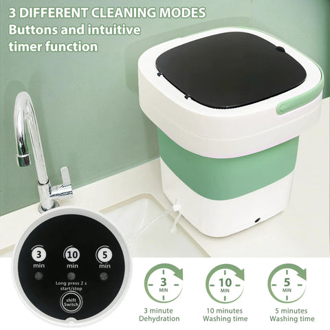 Portable Washing Machine Foldable Mini Washer With Spin Cycle Deep Cleaning Compact Laundry Setup showing controls and timer options.
