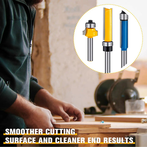Router bits from 12 Piece Router Bit Set With 4 Flush Trim Bits, 4 Roundover Bits, And 4 Pattern Flush Trim Bits, All With One Quarter Inch Shanks