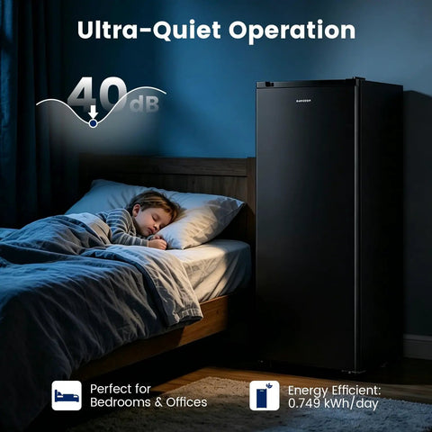 Premium Straight Up Slick 6.5 Cubic Foot Freestanding Upright Freezer For Tight Apartment Spaces No Fuss Black Steel Shell next to sleeping child.