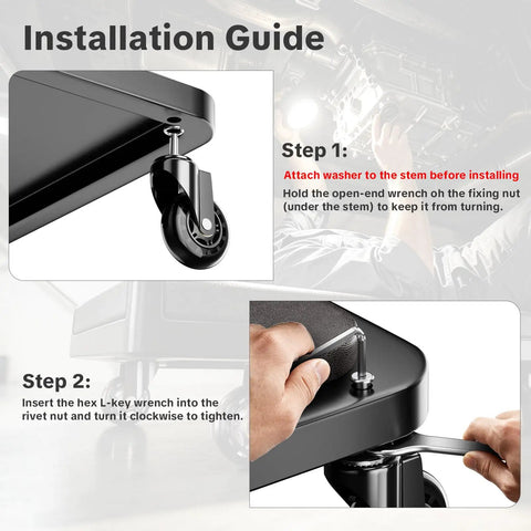 Installation guide for Six Pack 2.5 Inch Swivel Creeper Caster Wheels With Thread Stems, showing steps for caster attachment.
