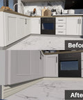 Before and after kitchen with Flexible Peel And Stick Wall Base Molding Rubber Baseboard Trim 3 Inch Wide by 16.4 Feet Long Self Adhesive Vinyl Cove Base Creamy White Easy Install Durable NBR Foam Core No Mess Renovation installation under cabinets.