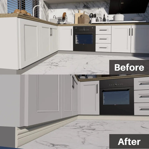 Before and after kitchen with Flexible Peel And Stick Wall Base Molding Rubber Baseboard Trim 3 Inch Wide by 16.4 Feet Long Self Adhesive Vinyl Cove Base Creamy White Easy Install Durable NBR Foam Core No Mess Renovation installation under cabinets.