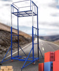 Badass Heavy Duty Electric Lift Cart With Wireless Remote Control Zero Sweat 300KG Capacity Adjustable Aerial Work Platform And Scissor Scaffold Table For Garage Hacks And Pro Jobs, blue scissor scaffold table on wheels.