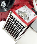 Close-up of Top Shelf Waste Oil Burner With Air Atomizing Tech showing metal housing and adjustable knob for settings.