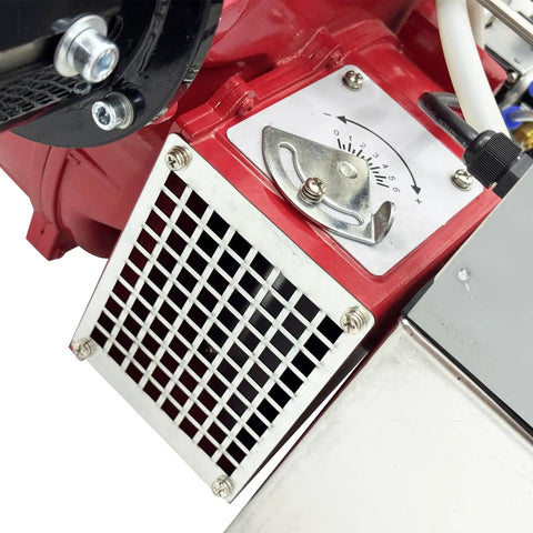 Close-up of Top Shelf Waste Oil Burner With Air Atomizing Tech showing metal housing and adjustable knob for settings.