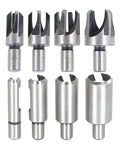 8 Piece Heavy Duty Carbon Steel Wood Plug Cutter Set With Four Tooth Chamfered Bits including various drill bits for precise dowel making.