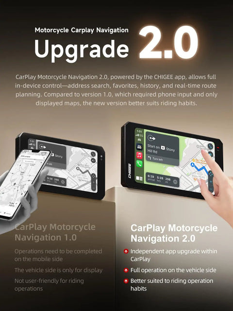 Upgrade 2.0 for Ride Ready 6 Inch LTE 4G Motorcycle GPS Navigation with CarPlay Android Auto features on screen