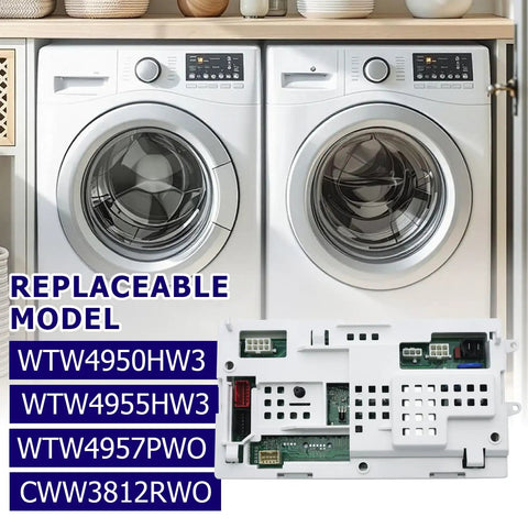 Heavy Duty Washing Machine Control Board Fits Whirlpool And Crosley With No Sweat Installation And Smooth Daily Rinse Cycles For A Completely Stress Free Laundry Session displayed with washer and dryer.
