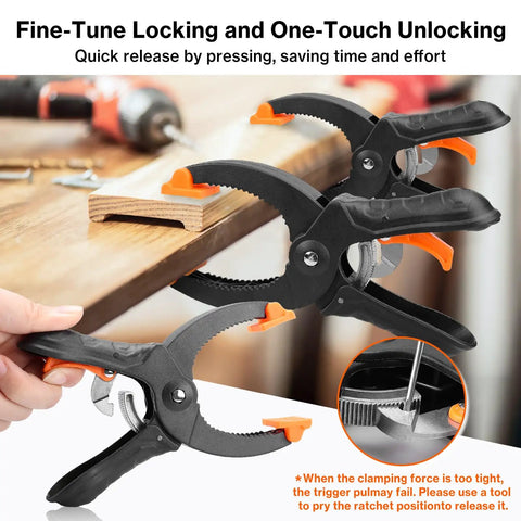 Six Inch Ratchet Clamps 4 Pack Heavy Duty Quick Release Woodworking Clamps With 5mm To 55mm Adjustable Range And 65mm Throat Reinforced Nylon Body And Aluminum Alloy Construction being used on a wooden workbench.