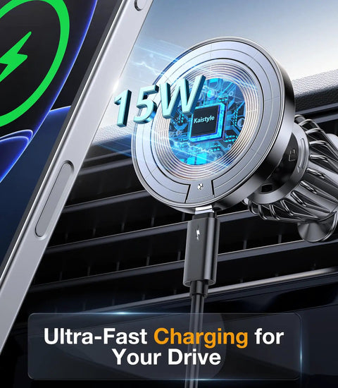 Close-up of MagSafe Car Mount Charger With Strong Magnets For Fast Wireless Charging 15W on car vent