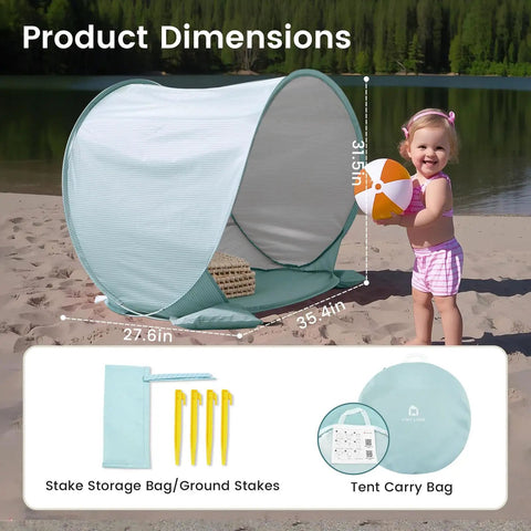 Pop Up Baby Beach Tent With UV Protection Lightweight Beach Shelter For Kids with a child on the sand. Includes carry bag.