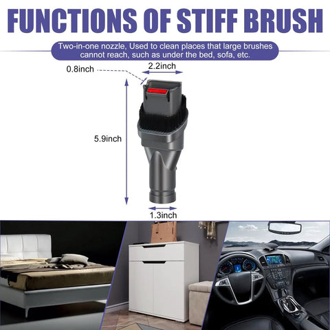 V6 Cordless Vacuum Attachment Kit with stiff brush tool dimensions and cleaning examples for vehicles and furniture
