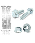 402 Piece Pro Grade Class 10.9 JIS Hex Cap Flange Bolts And Serrated Nuts Assortment Kit showing bolts and nut sizes list