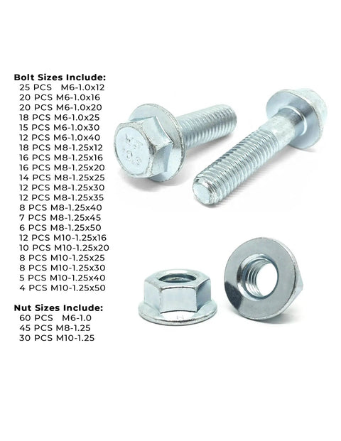 402 Piece Pro Grade Class 10.9 JIS Hex Cap Flange Bolts And Serrated Nuts Assortment Kit showing bolts and nut sizes list