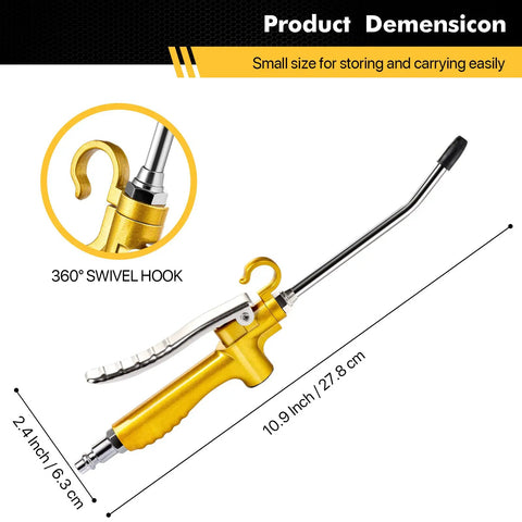 Powerful High Flow Industrial Air Blow Gun with rubber guard, wide air nozzle, swivel hook, and durable metal construction for heavy-duty use
