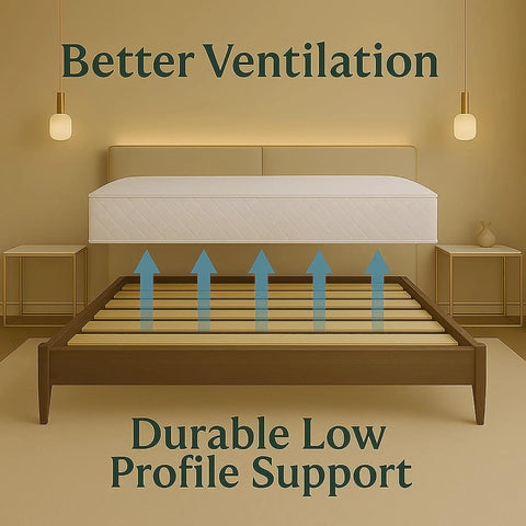 Replacement Wooden Twin Bed Slats For Mattress Support - Fabric Sleeve Locks Down Slat Spacing For Dead Simple Setup - Low Profile Bed Frame Foundation That Holds Tight in modern bedroom with mattress.