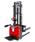 Pallet stacker by Amazon, red base with tall black mast, walk-behind design