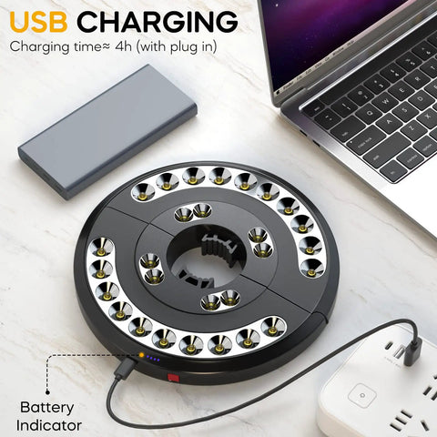 Rechargeable Patio Umbrella Lights With 28 LEDs And 3 Lighting Modes showing USB charging and battery indicator
