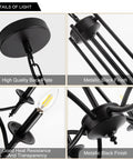 Close-up details of industrial candle chandelier in black iron with eight lights, including black back plate and metallic finish