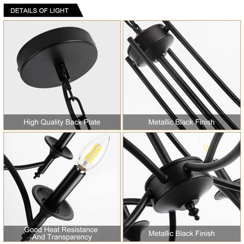 Close-up details of industrial candle chandelier in black iron with eight lights, including black back plate and metallic finish
