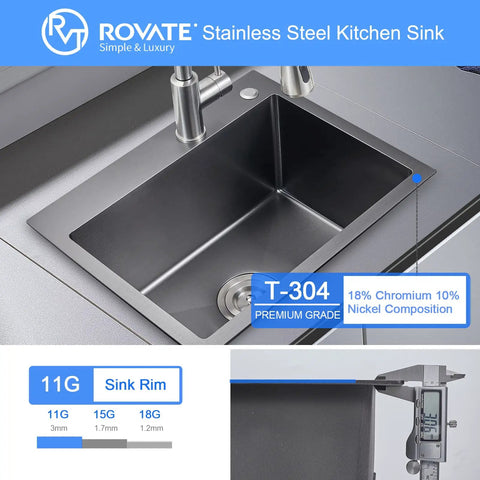 Drop In Topmount Kitchen Sink With Bold Black Nano Titanium Finish, 22 By 18 Inch, Single Bowl, SUS304 Stainless Steel