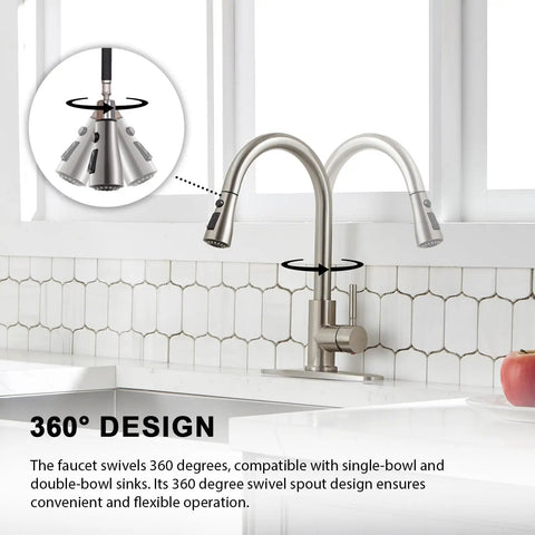 Kick Up Your Kitchen Vibes With This Top Tier Stainless Steel Faucet Boasting A Smooth Pull Down Sprayer That Delivers Zero Drip Action And Hassle Free Spray Modes Straight To Your Sink Setup, showcasing 360-degree swivel design.