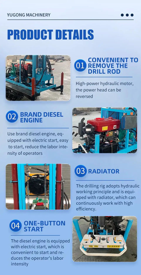 No Fuss Mini Hydraulic Water Well Drilling Rig 200 Meter Deep Borehole Drill close-up of diesel engine and control panel.