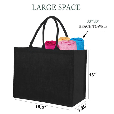 Six Pack Black Burlap Tote Bags With Big Handles And Inner Zipper Pocket Large Beach Style Jute Tote Bags