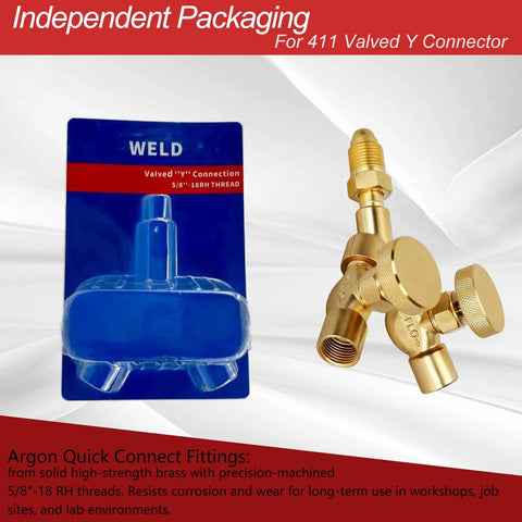 Argon Y Connector With Dual Shut Off Valves No Fuss For Welding Brass Gas Splitter Hose Fittings packaging and valve view
